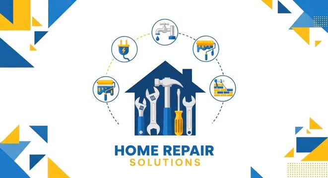 A blue and yellow geometric pattern with a house in the center, surrounded by tools and symbols representing home repair and solutions.