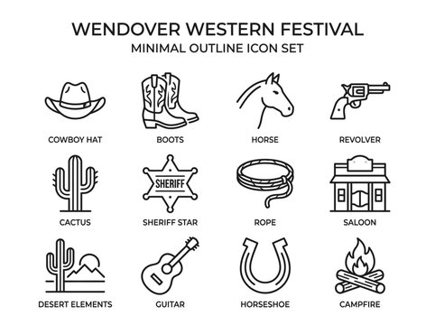 Wild West Minimal Line Icon Set Cowboy Boots Hat Sheriff Badge Vector