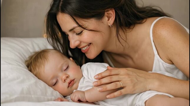 A gentle mother kisses her sleeping baby on the head in a cozy white bed. Tender family moment, unconditional motherly love, peaceful infant care, safe childhood lifestyle.