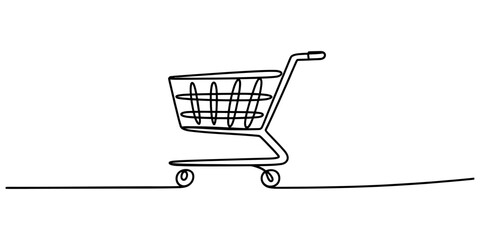 A continuous line drawing of a shopping cart representing retail commerce and consumer lifestyle Vector, illustration © Anima Rani