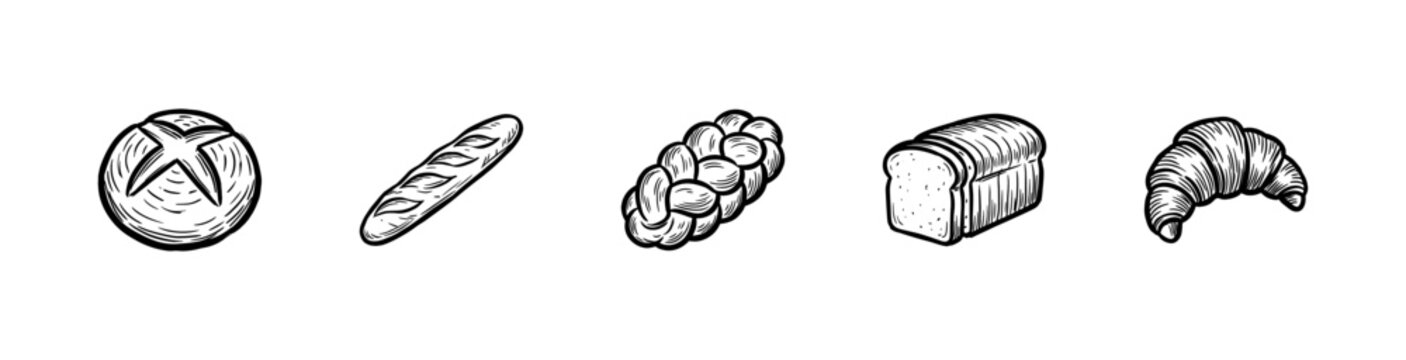 Bakery Products and Artisanal Bread Assortment with Hand-Drawn Inky Brushwork and Textured Freehand Calligraphic Fluidity.
