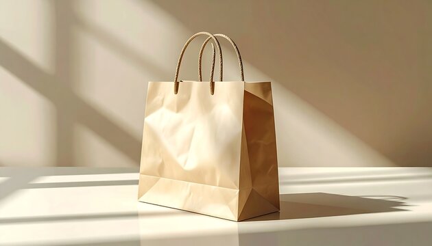 A simple, brown paper shopping bag with handles sits on a white surface, lit by sunlight. The shadows cast by blinds