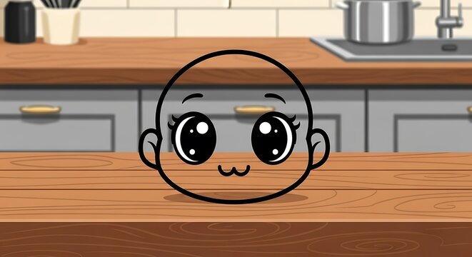 A simple cartoon face with big eyes and a small smile, centered on a wooden countertop in a kitchen setting