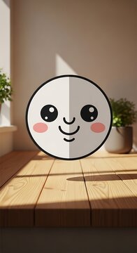 A simple cartoon face with blush sits on a wooden surface with a soft, natural light in a warm interior. Two potted plants sit on a white windowsill