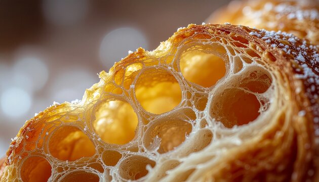 Gros plan sur croissant feuillet&eacute; avec alv&eacute;oles dor&eacute;es et texture croustillante