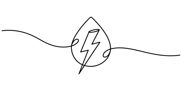 Minimalist one line drawing of a lightning bolt contained inside a simple fluid water drop shape Vector, illustration