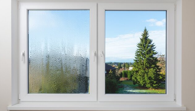 Fen&ecirc;tre blanche avec condensation sur un c&ocirc;t&eacute; et vue sur arbre et paysage