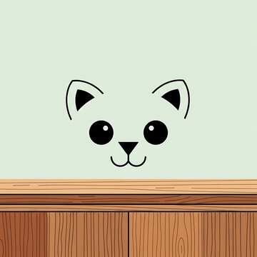 A simple, cartoon illustration featuring a cat's face on a neutral wall. The cat has round eyes, small nose, and upright ears. Beneath it is a wooden table