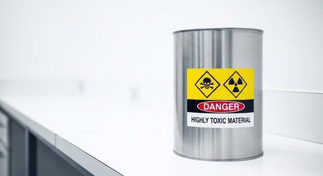 A metal canister with a yellow and black warning label, containing a hazardous substance, placed on a white surface with a blurred background.