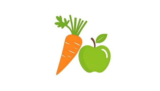 A simple, cartoon illustration of a carrot with green leaves and a green apple, both on a white background