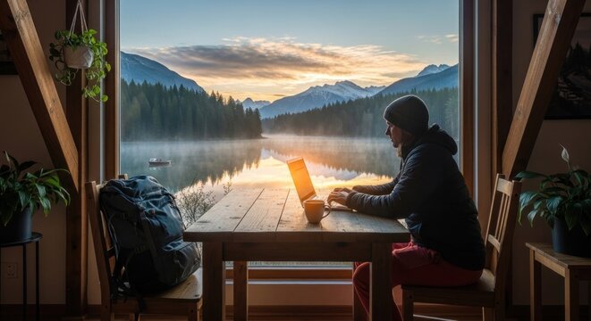A person wearing a beanie and a jacket, sitting at a wooden table with a laptop, overlooking a serene lake with mountains in the background, surrounded by plants and a cozy cabin interior.