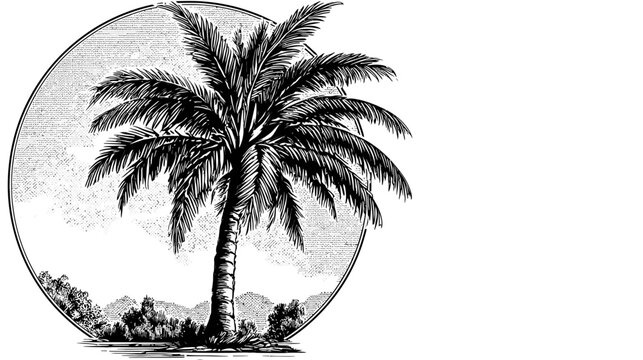 Etched-style illustration of a palm tree scene framed within a textured circle