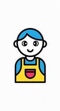 A simple, cartoon illustration of a person with blue hair wearing a yellow apron with a red pocket, isolated on white