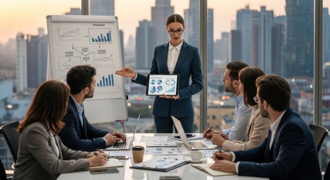 A businesswoman in a suit presenting a flip chart with graphs and charts to a group of businesspeople in a modern office with a city skyline in the background.