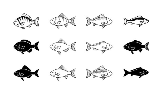 Minimal fish icon bundle cartoon line and silhouette vector collection isolated on white background