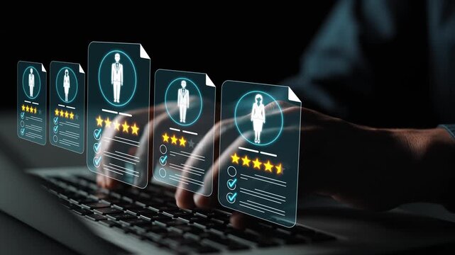 Digital interaction with virtual resumes and ratings displayed on screen for recruitment and hiring process in modern technology setting Sigmoid