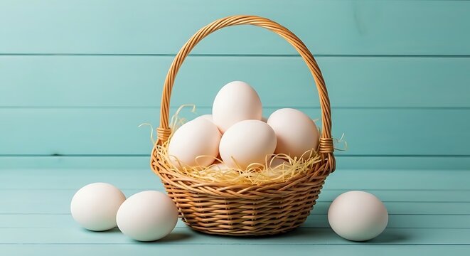 Sekelompok telur ayam putih segar tertata rapi di dalam keranjang rotan