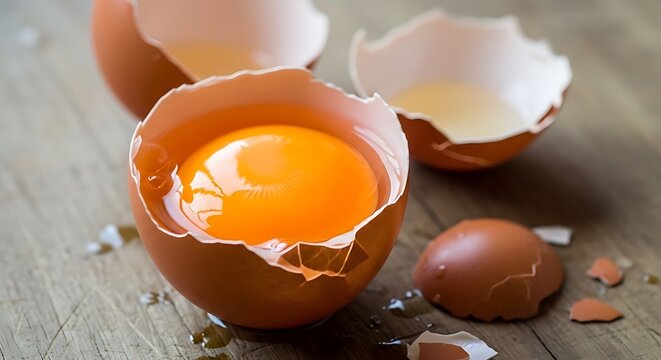 Detail kuning telur segar di dalam cangkang retak pada atas meja kayu.