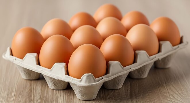 Satu lusin telur ayam cokelat tersusun rapi di dalam karton pelindung.