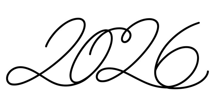A black handwritten script calligraphy design representing the upcoming year twenty twenty six. Vector, illustration