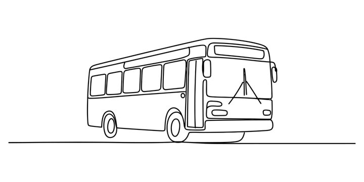 A simple continuous line drawing of a passenger bus shown from a three quarter front perspective Vector, illustration