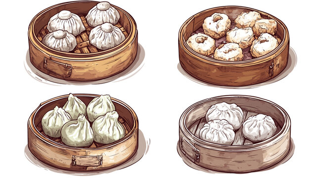 Four steamed dim sum baskets, containing varieties of dumplings in digital art style