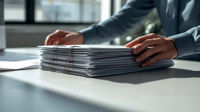 A person holding a stack of papers on a table