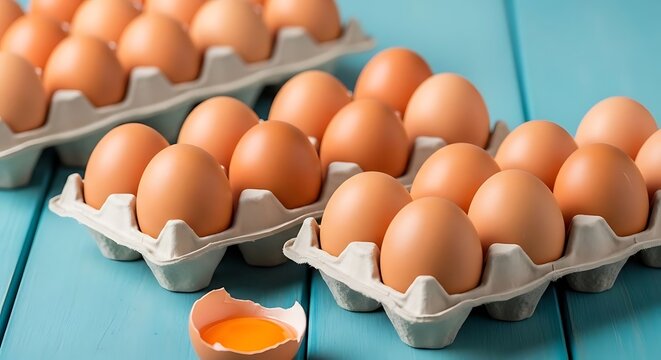 Deretan rak karton berisi telur ayam dan satu telur pecah di depan.