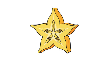 Obraz premium Cross-section of a ripe yellow starfruit or carambola showing its unique five-pointed star shape and seeds on a white background.