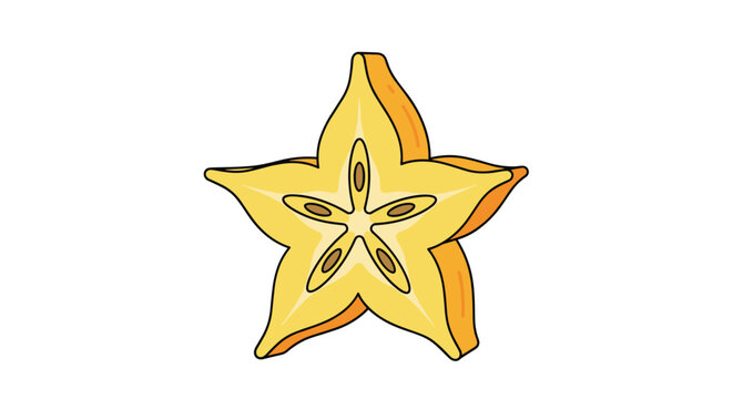 Cross-section of a ripe yellow starfruit or carambola showing its unique five-pointed star shape and seeds on a white background.