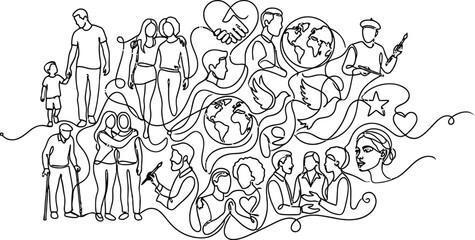 Fototapeta premium Interconnected community sharing diverse emotions and thoughts in a bustling social setting isolated on white background, Vector
