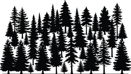 Majestic black and white forest of towering evergreen trees under a monochrome sky isolated on white background, Vector © RUMA AKTHER