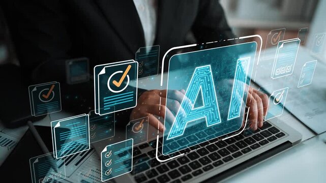Person Using Laptop with Artificial Intelligence Graphic Overlay in Modern Office Environment Focused on Technology and Digital Transformation Sigmoid