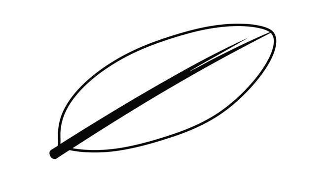 Minimalist black and white outline of a simple leaf with a thick central stem and smooth curved edges on a white field.