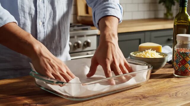 Preparing food hands placing paper in glass baking dish on wooden counter