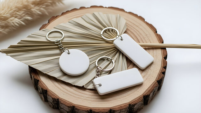 Collection of custom keychains on wood slice