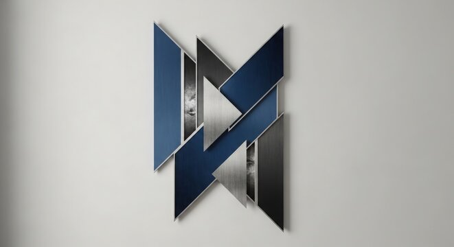 Modern abstract geometric logo design with metallic and blue accents on a light background