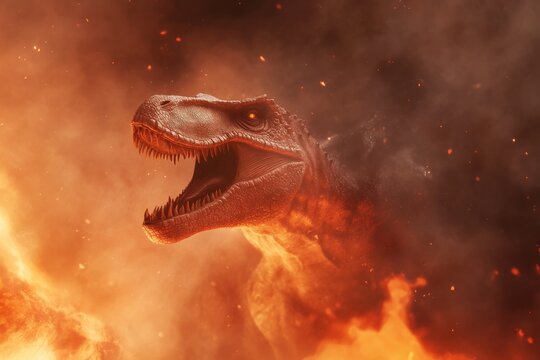 Fierce roaring carnotaurus dinosaur in fiery scene