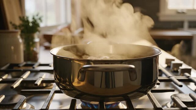 Cooking food in a pot on a stove top with steam rising indoors