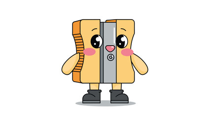 Naklejka premium Adorable pencil sharpener mascot with big sparkling eyes and pink cheeks stands in a friendly upright position.