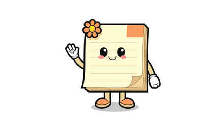 Fototapeta premium Cute cartoon character of a yellow sticky note with a smiling face and a flower decoration waving its hand happily for office and school themes.