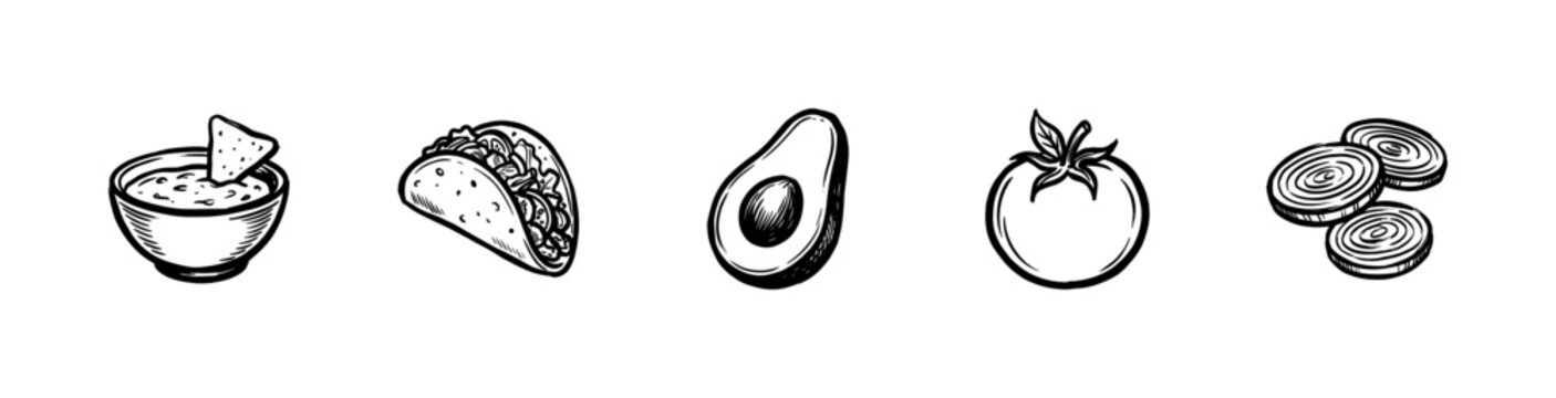 Mexican Cuisine Ingredients and Appetizers with Fluid Ink Brush Strokes in Hand-Drawn Painterly Style