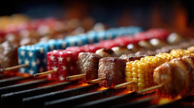 BBQ skewers with grilled meat, corn, and star patterned vegetables arranged on hot grill, evoking festive summer cookout