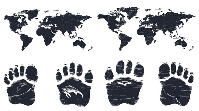 Artistic depiction of the globe, featuring four world map silhouettes and bear paw prints with marine life