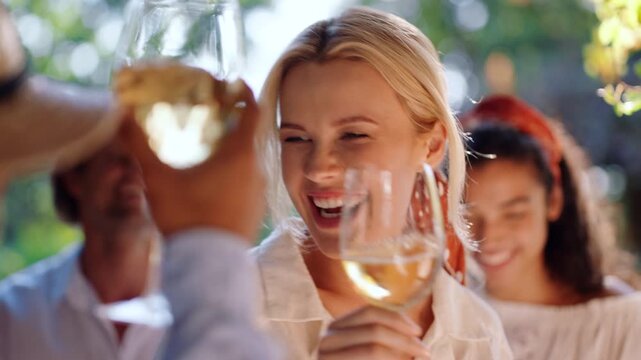 Celebration, cheers or people outdoor with wine, good time or bonding together at reunion event. Dancing, happy or friends in restaurant with toast, birthday party or having fun at social gathering.