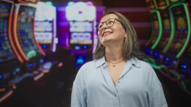 Hispanic senior woman smiles with head tilt and glasses while standing by a slot machine in building; warm contentment.