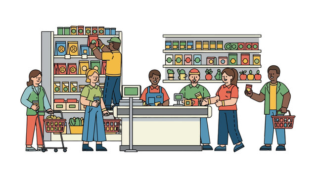 Grocery Store Scene: Capturing the everyday hustle of a supermarket, with people shopping, employees restocking shelves, and the hum of transactions, offers a glimpse into community and commerce.