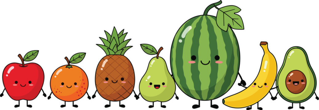 Cute fruit characters lineup with apple, orange, pineapple, pear, watermelon, banana and avocado vector illustration for healthy food kids design