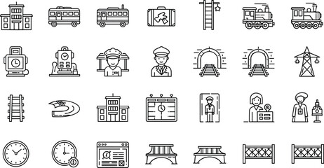 Railway transportation train station and metro service icon set with locomotive tracks tunnels timetable conductor ticket travel symbols collection © EPS VECOR 
