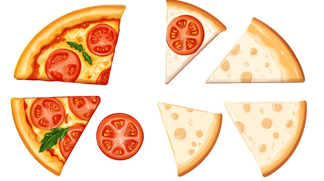 Cartoon pizza slices, some with tomatoes and herbs, others with plain cheese